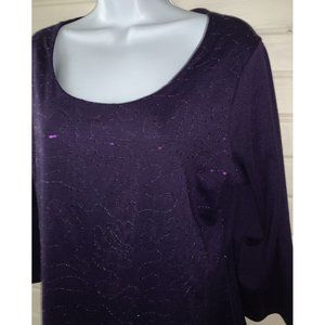 Coldwater Creek Sz LARGE (14) Purple Knit Top Sequins 3/4 Sleeve USA MADE EUC